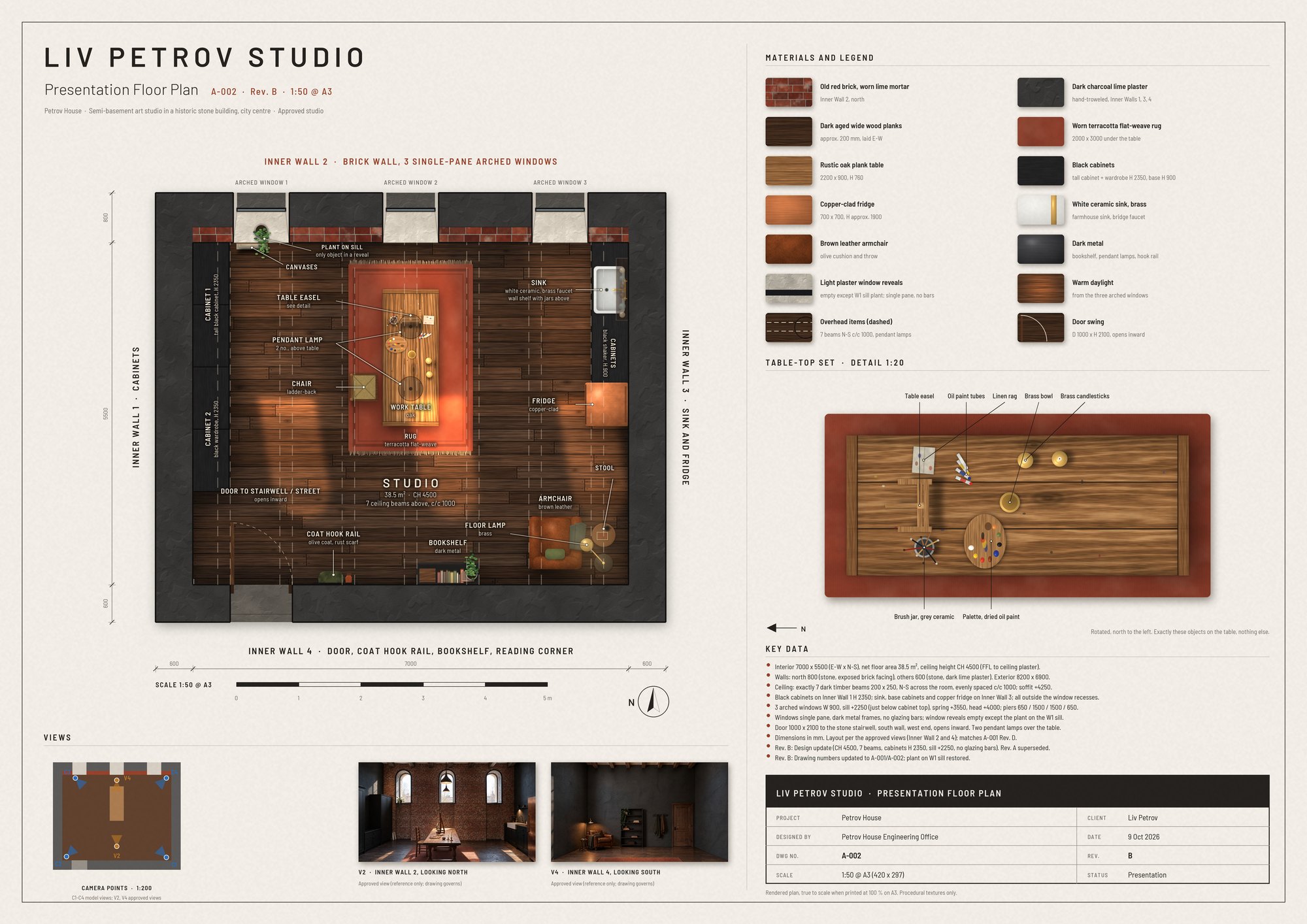 Presentation floor plan sheet A-002, Rev. B, of Liv's studio at scale 1:50: a coloured plan with the brick wall and three arched windows at the top, a long oak table on a terracotta rug in the middle, cabinets on the left, sink and copper fridge on the right, and the door, coat hook rail, bookshelf and reading corner along the bottom wall; beside it a materials legend, a table-top detail at 1:20, key data, camera points, two views of the studio (AI-generated images) and the title block.