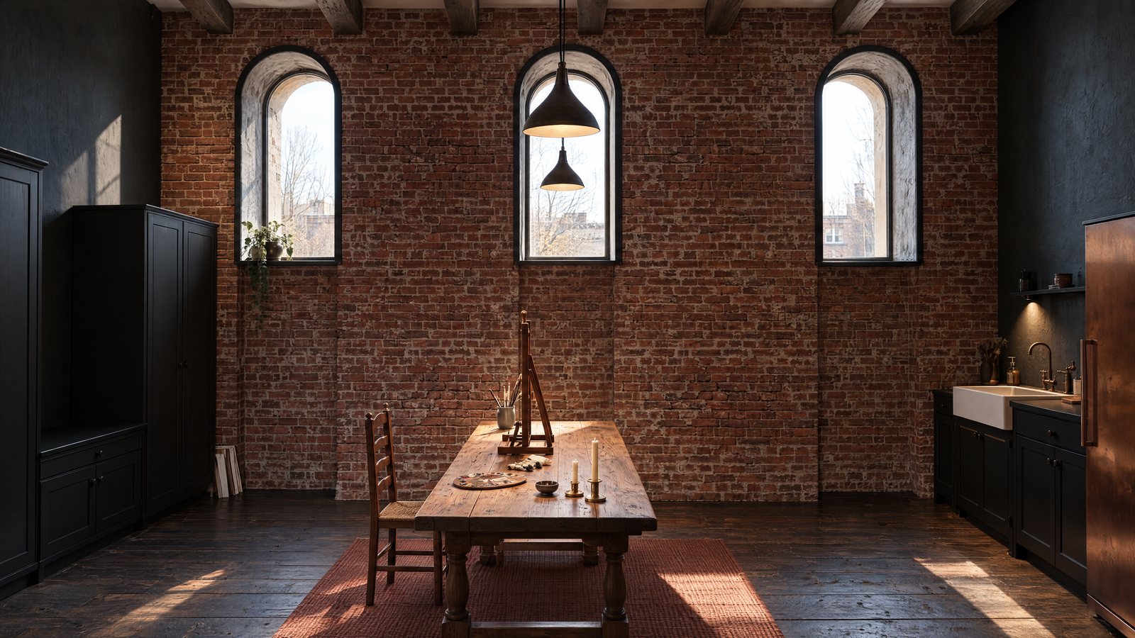 Liv's studio: an old brick wall with three tall arched windows in dark frames, a long oak table with a small easel, dark walls and dark wooden ceiling beams. AI-generated image.